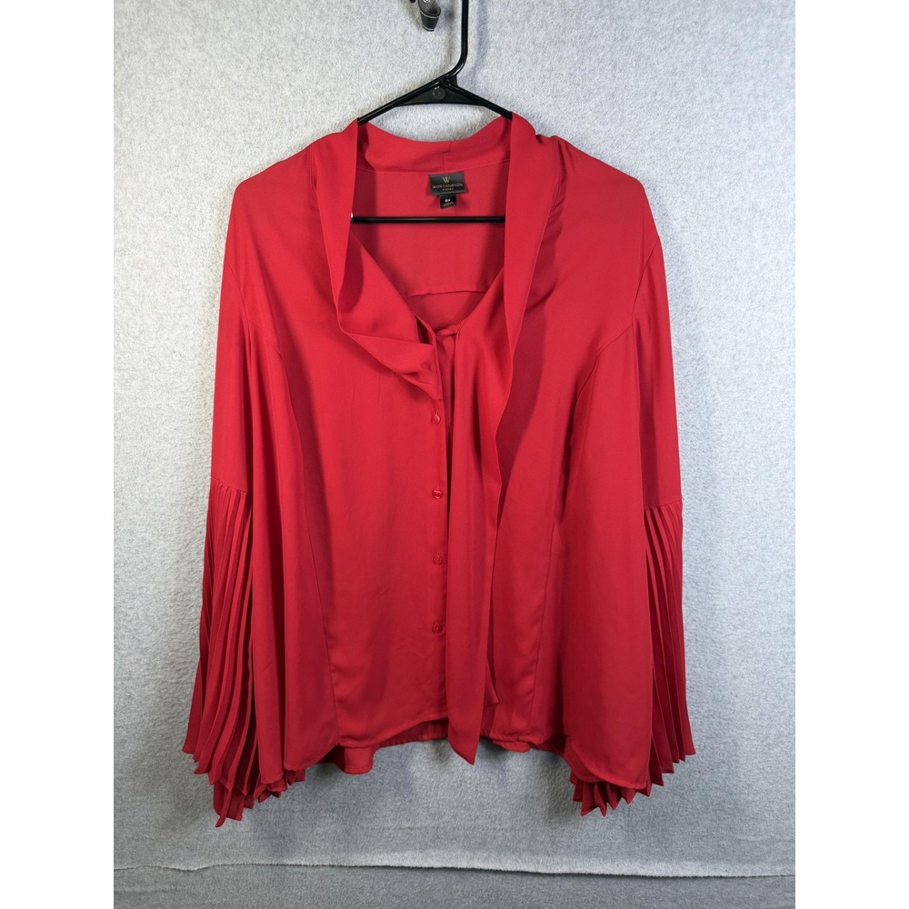 Worthington Woman Blouse‎ Womens 0X Red Pleated Bell Sleeve Button Front Top